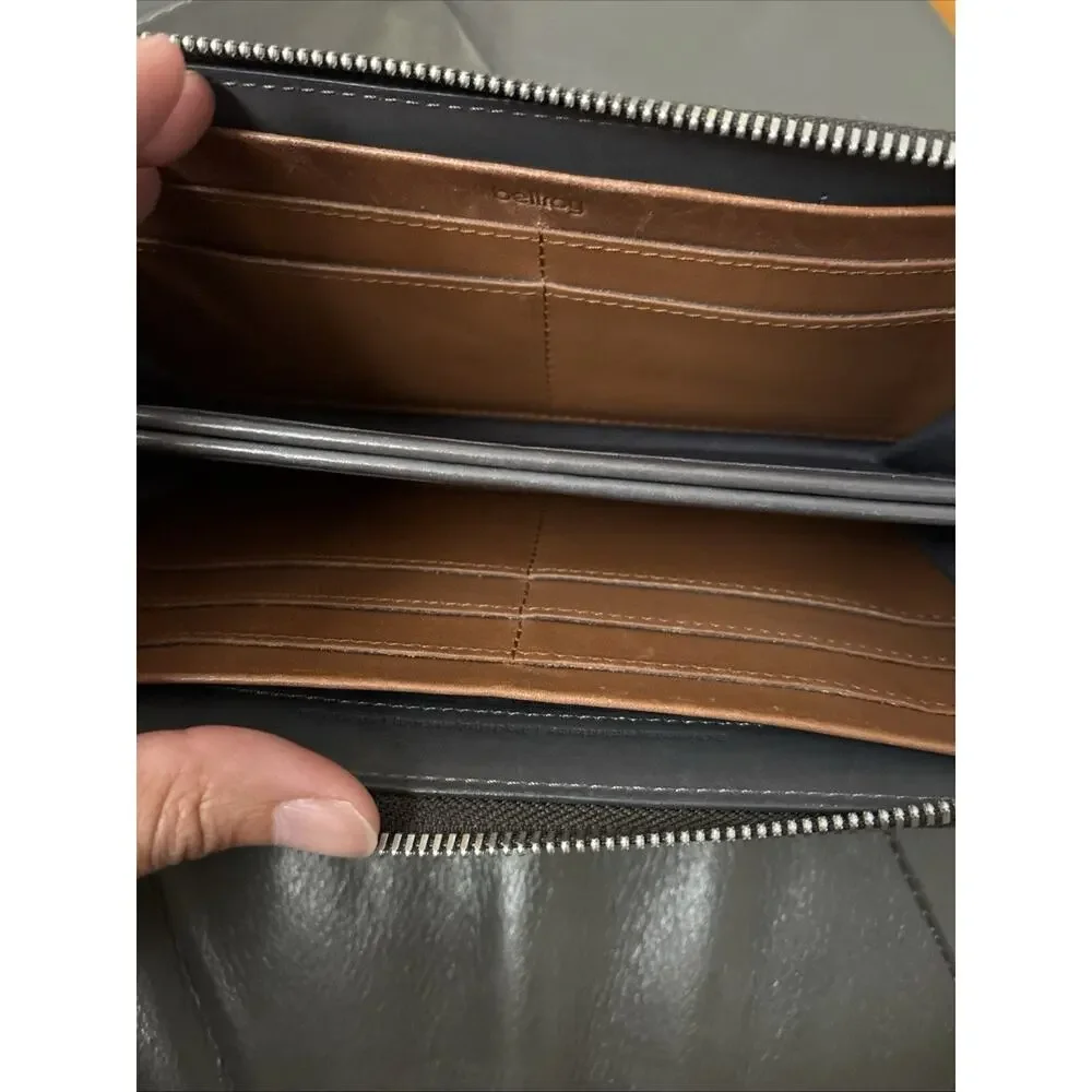 BELLROY Brown Leather Zip Around Wallet Credit Card Magnetic Center Closure 8X4”